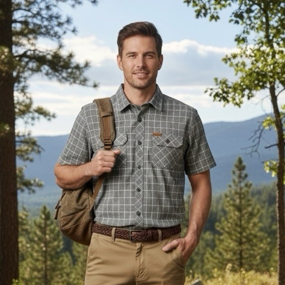 Orvis Men's Gray Plaid Short Sleeve Button-Up Shirt